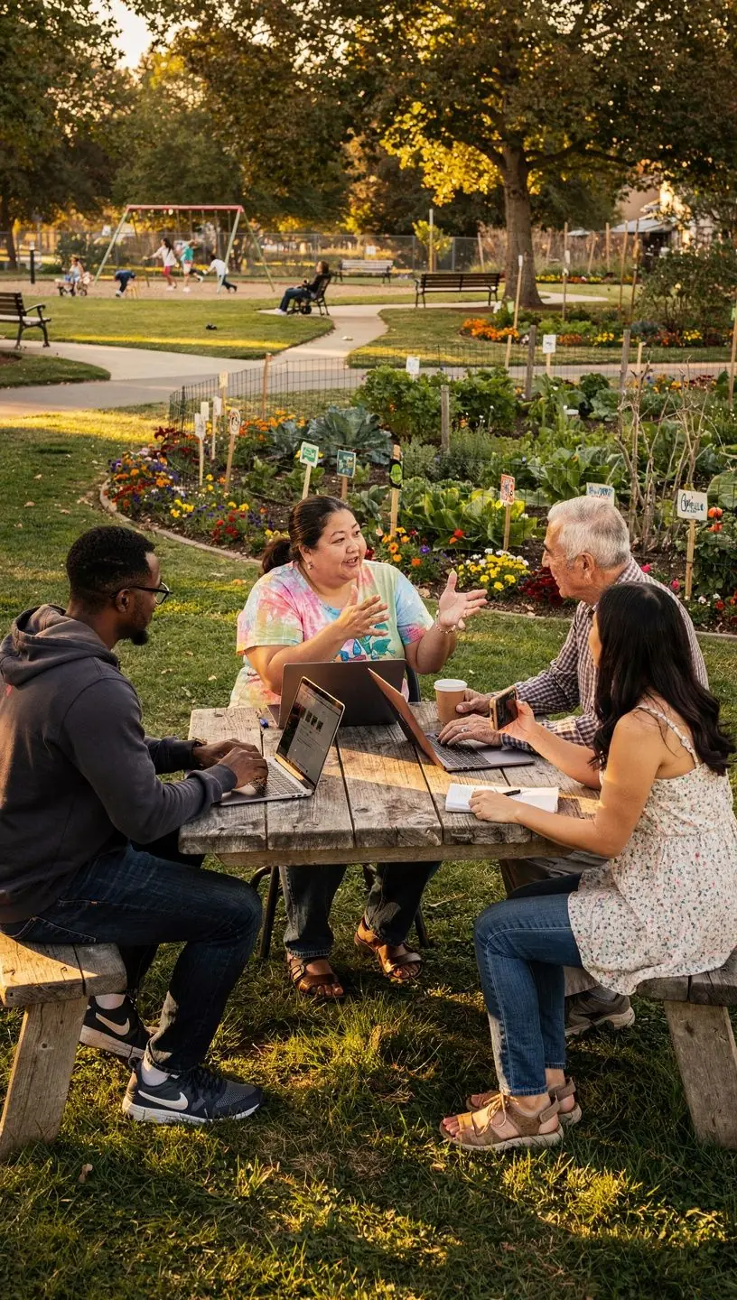 Hands typing on a laptop keyboard displaying a community storytelling platform with maps and user comments visible.
